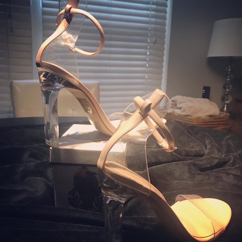 Aldo Open Toe Strappy Clear Block Heel